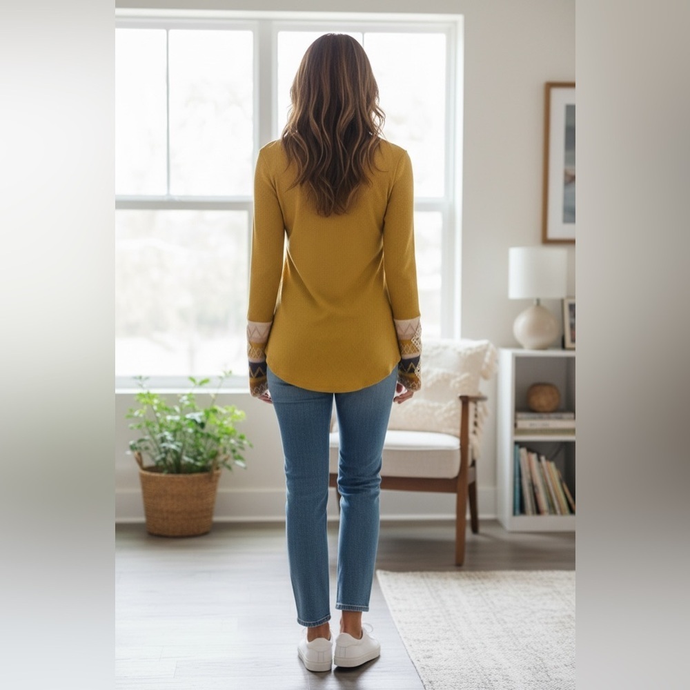 Women's Mustard Yellow Top with Fabric Design Cuffs - Picture 10 of 10